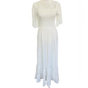 MIUMY white smocked maxi dress, ruffle bottom hem, size S.
